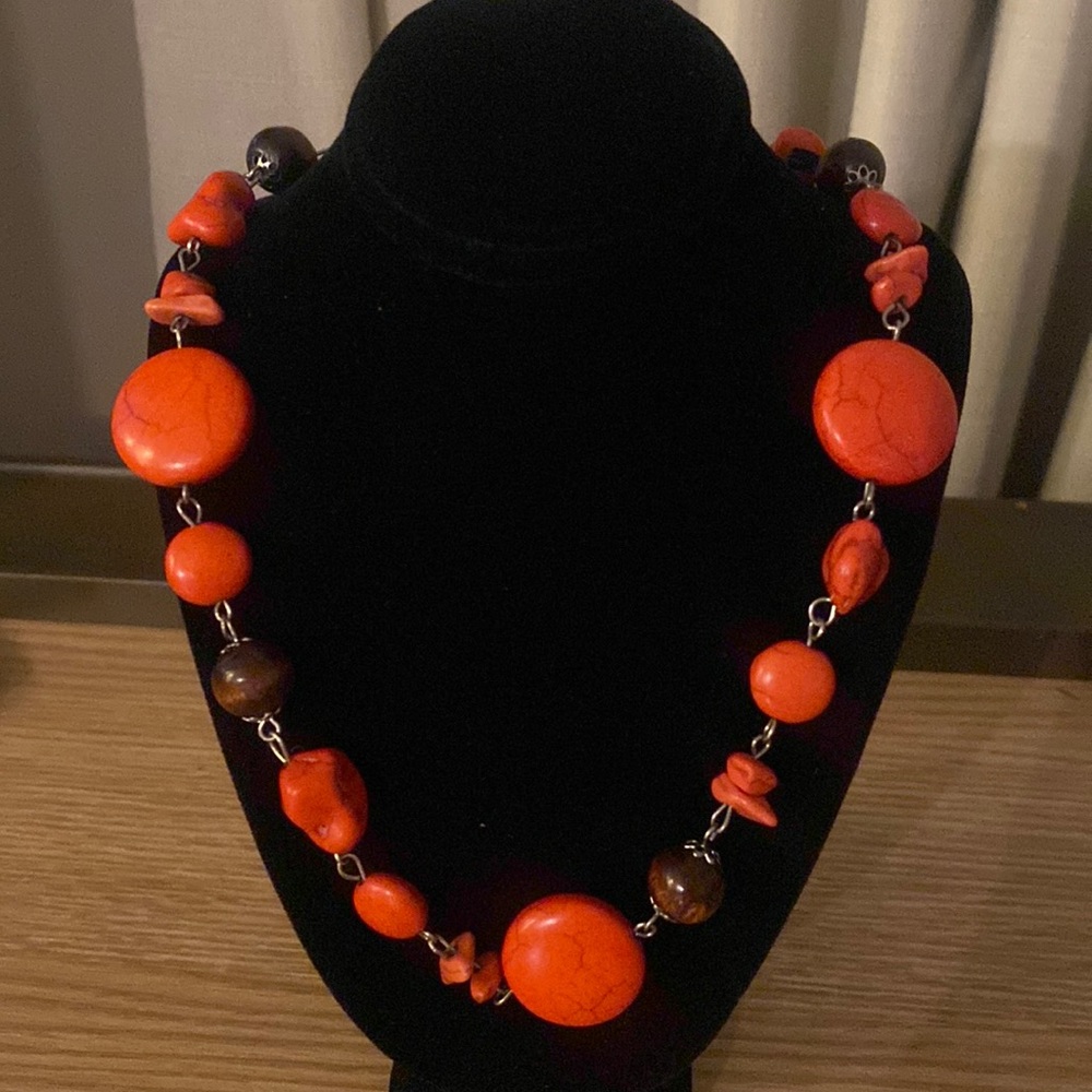 Red turquoise and howlite silver link large small disk necklace bib